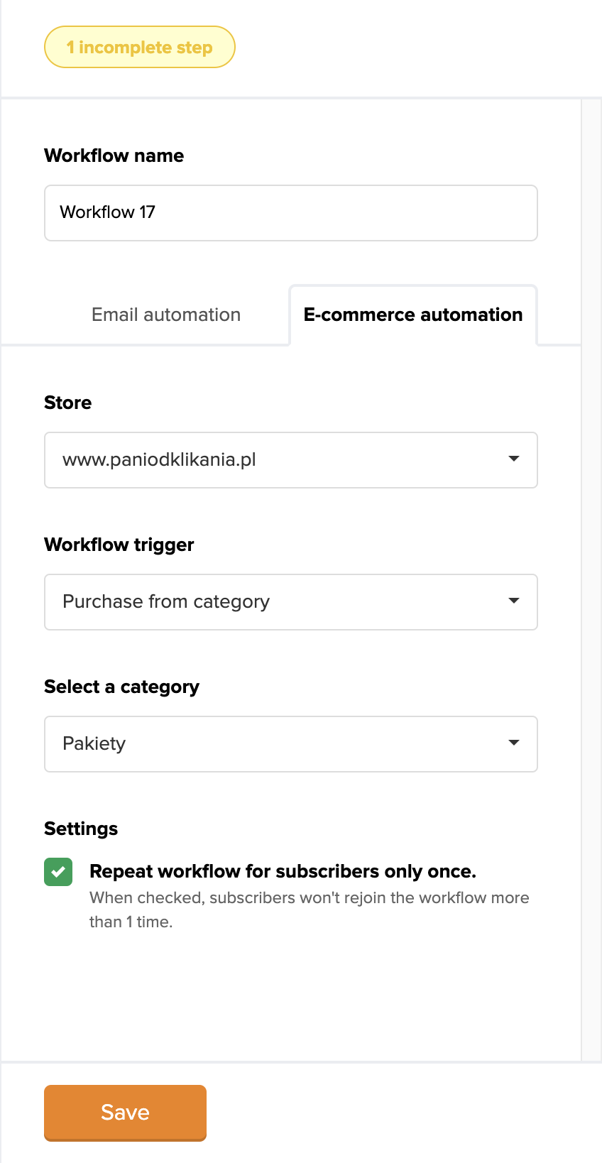 Warunek automatyzacji ecommerce w mailerlite kiedy klient kupi z konkretnej kategorii