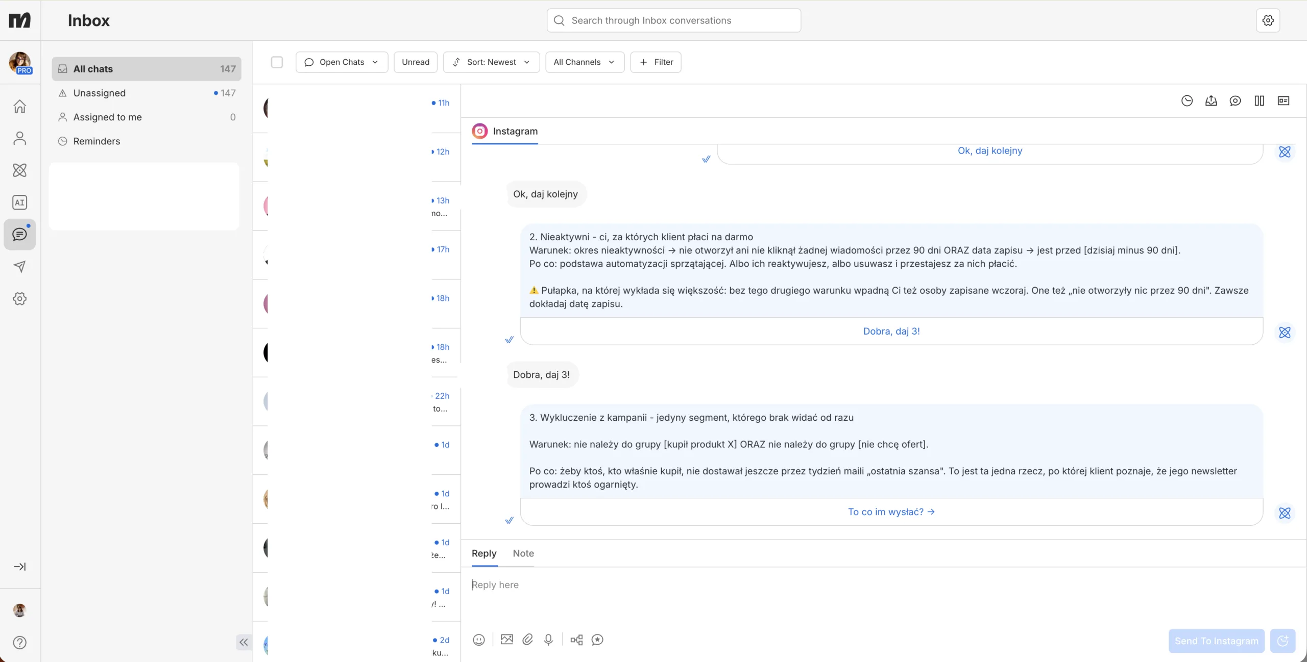 ManyChat po polsku: jak zacząć automatyzować Instagrama krok po kroku 5 Inbox w ManyChat ze wspólną skrzynką rozmów z Instagrama i podziałem na chaty przypisane