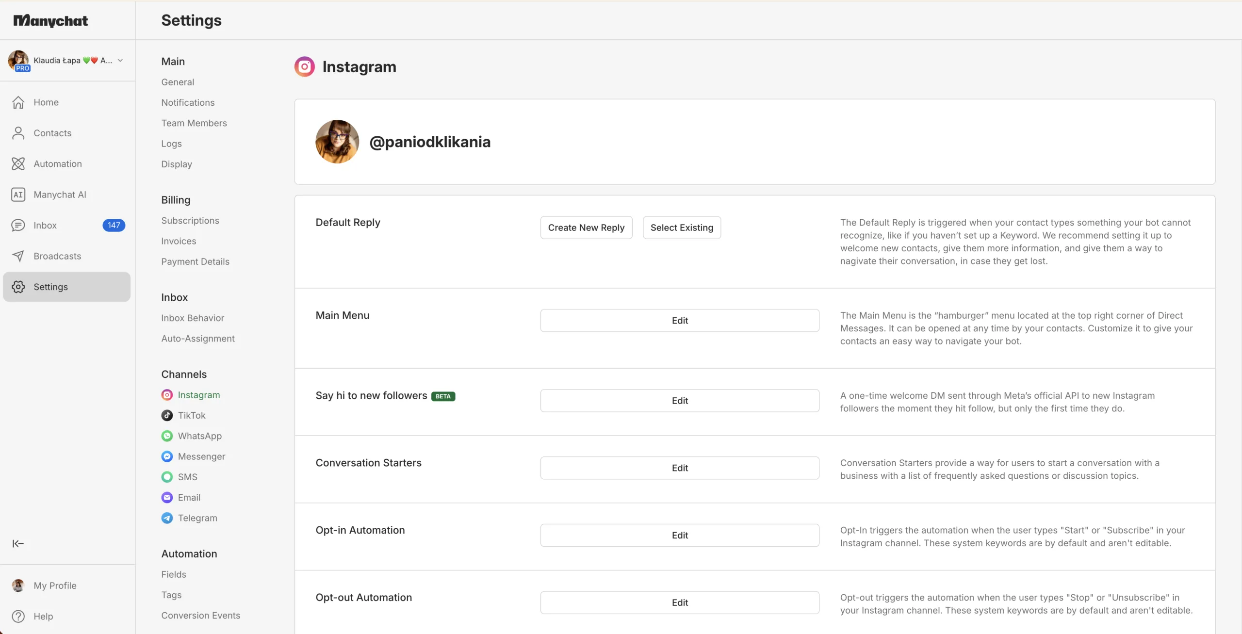 ManyChat po polsku: jak zacząć automatyzować Instagrama krok po kroku 6 Ustawienia kanału Instagram w ManyChat z opcjami Default Reply, Main Menu i Conversation Starters